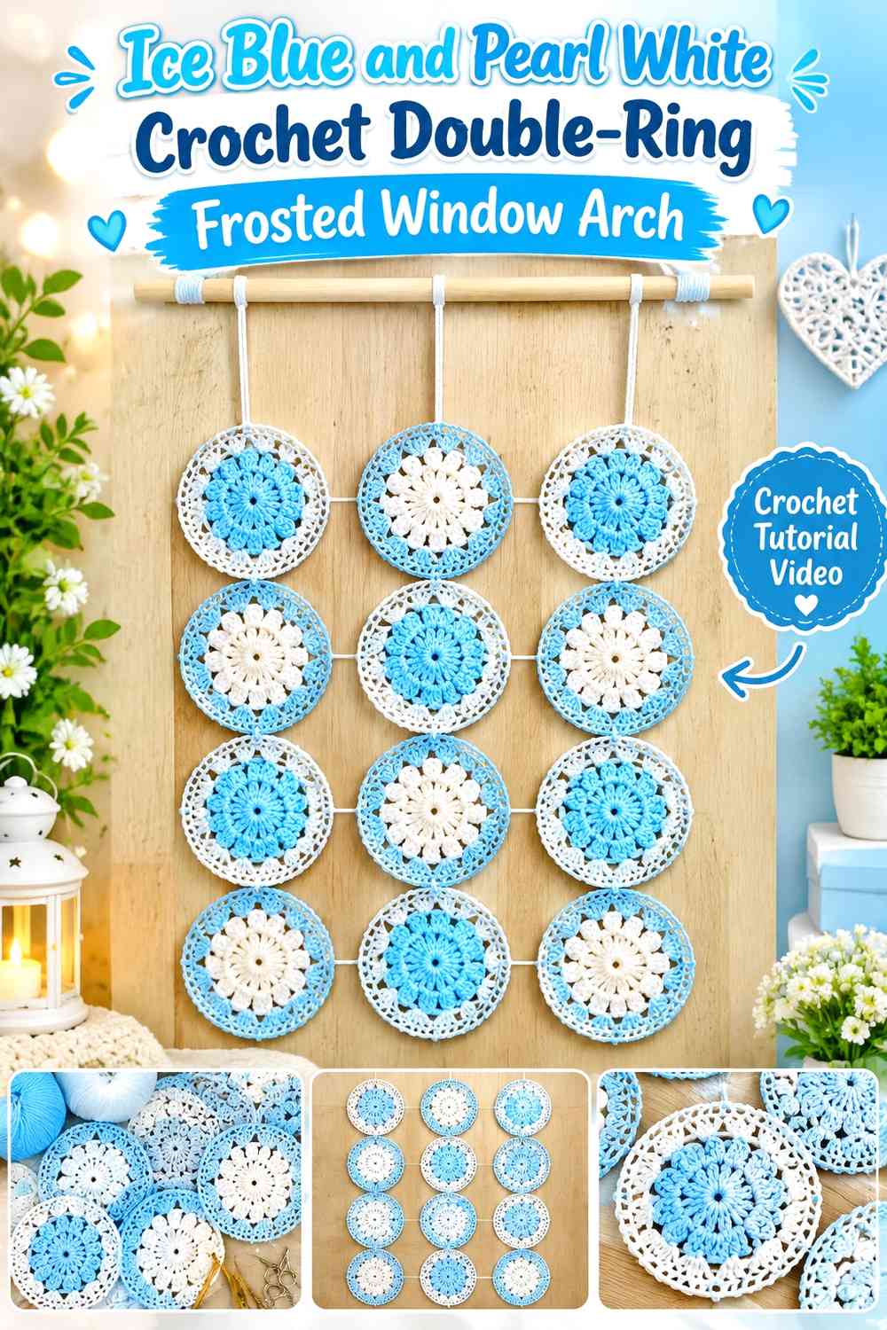 Ice Blue and Pearl White Crochet Double-Ring Frosted Window Arch