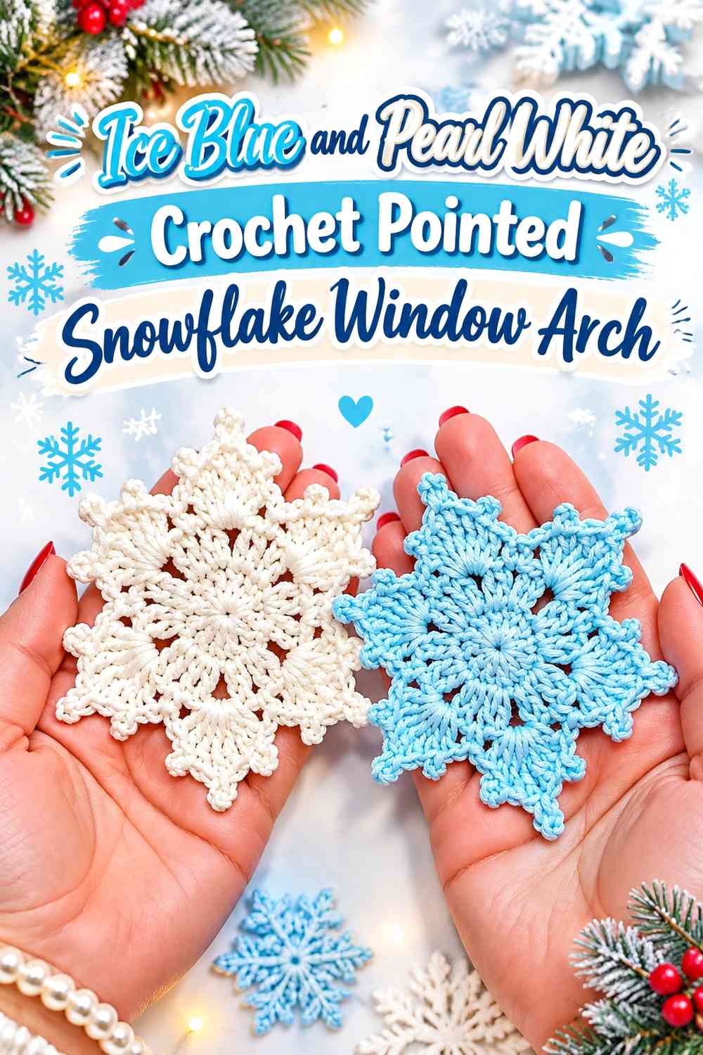 Ice Blue and Pearl White Crochet Pointed Snowflake Window Arch