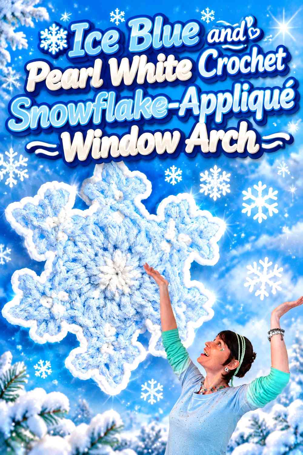 Ice Blue and Pearl White Crochet Snowflake-Appliqué Window Arch