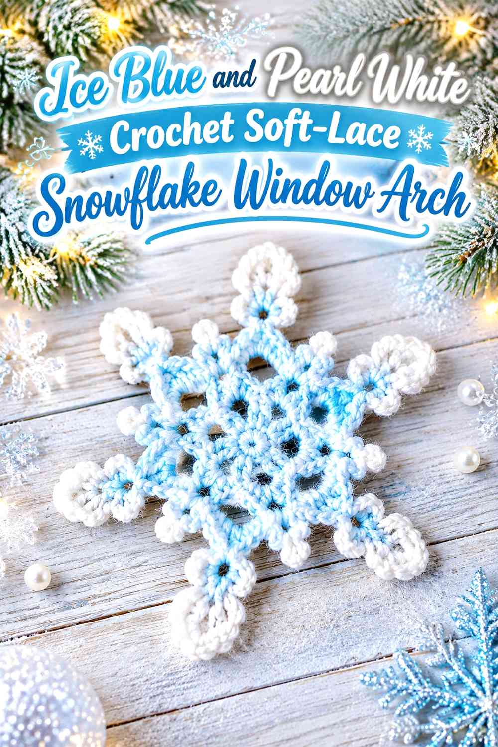 Ice Blue and Pearl White Crochet Soft-Lace Snowflake Window Arch
