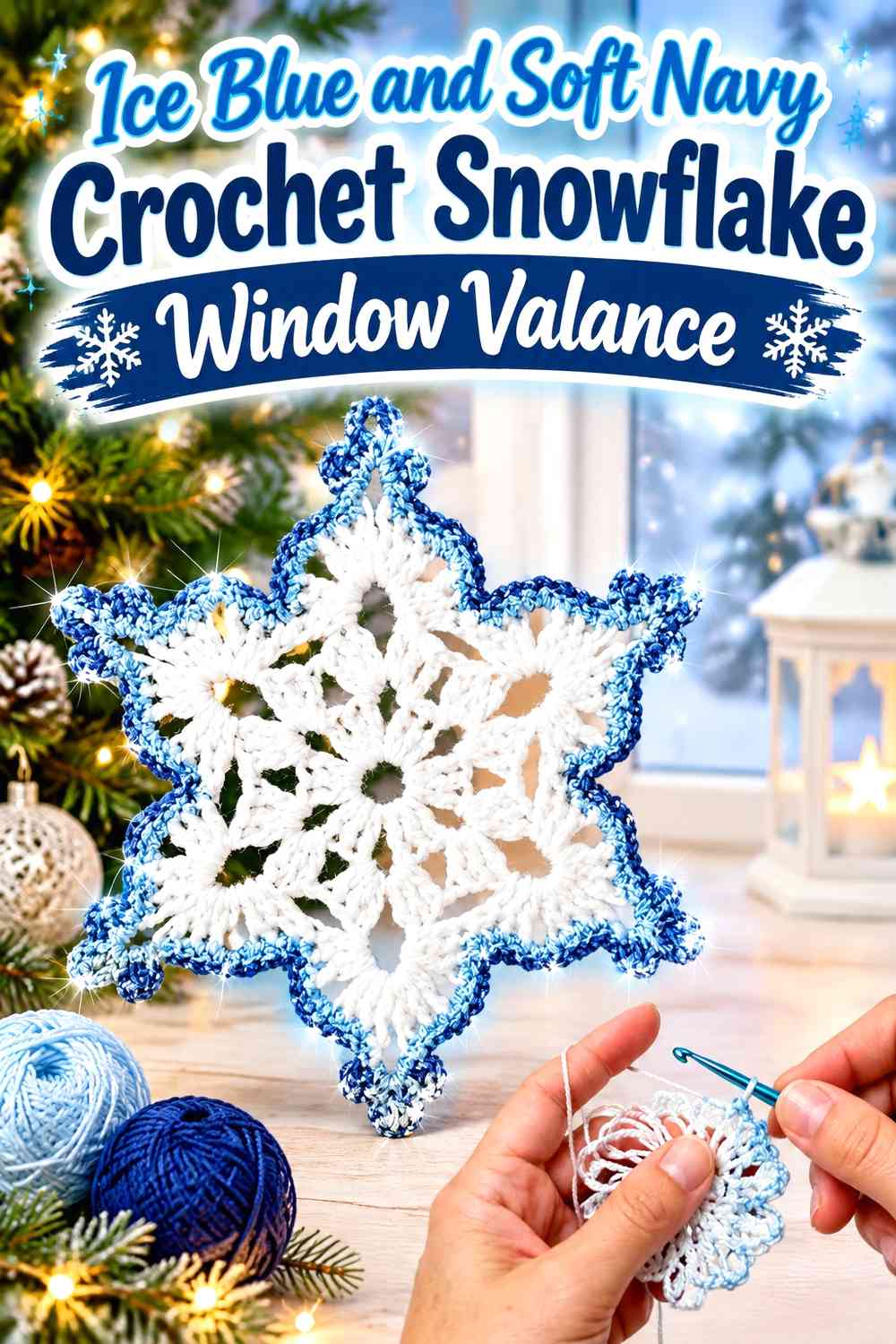 Ice Blue and Soft Navy Crochet Snowflake Window Valance