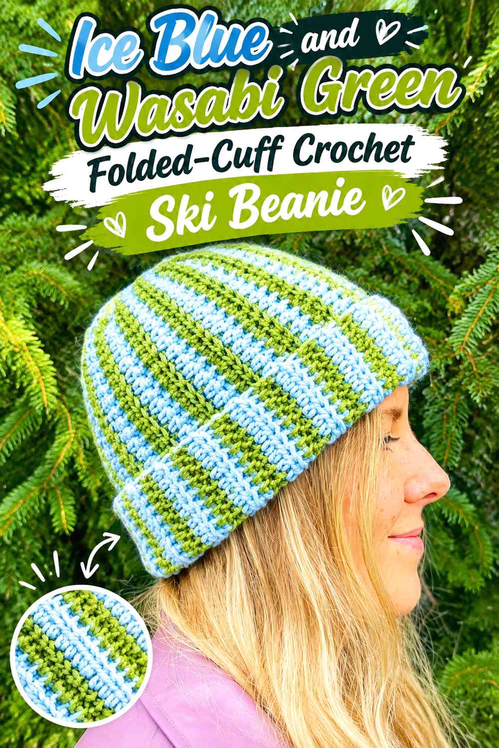 Ice Blue and Wasabi Green Folded-Cuff Crochet Ski Beanie