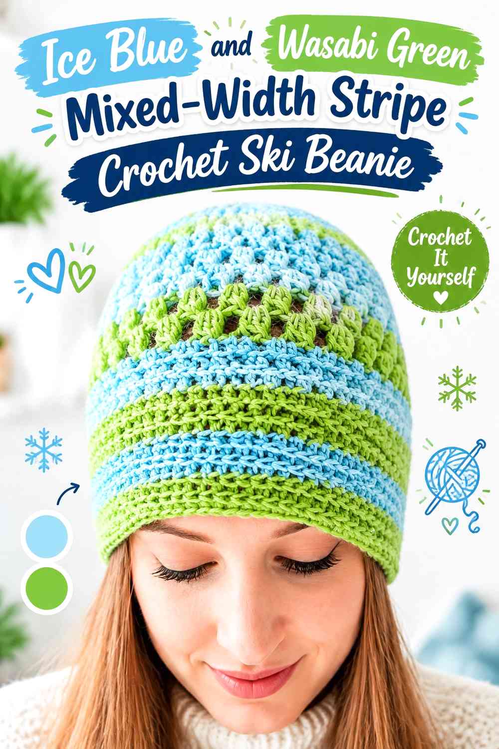 Ice Blue and Wasabi Green Mixed-Width Stripe Crochet Ski Beanie