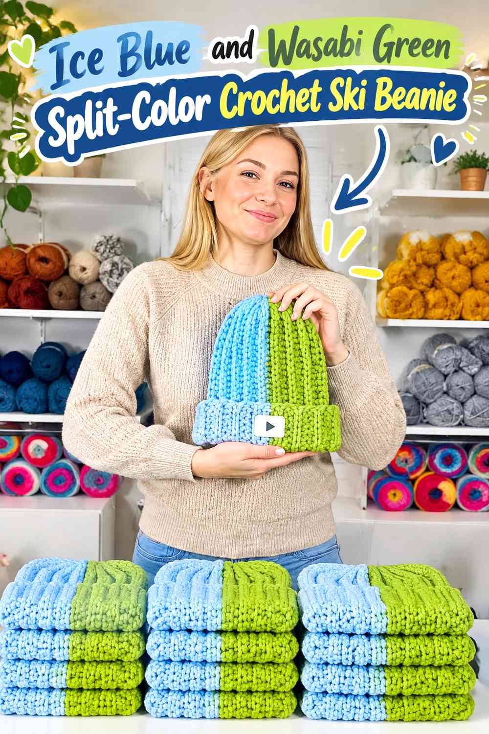 Ice Blue and Wasabi Green Split-Color Crochet Ski Beanie