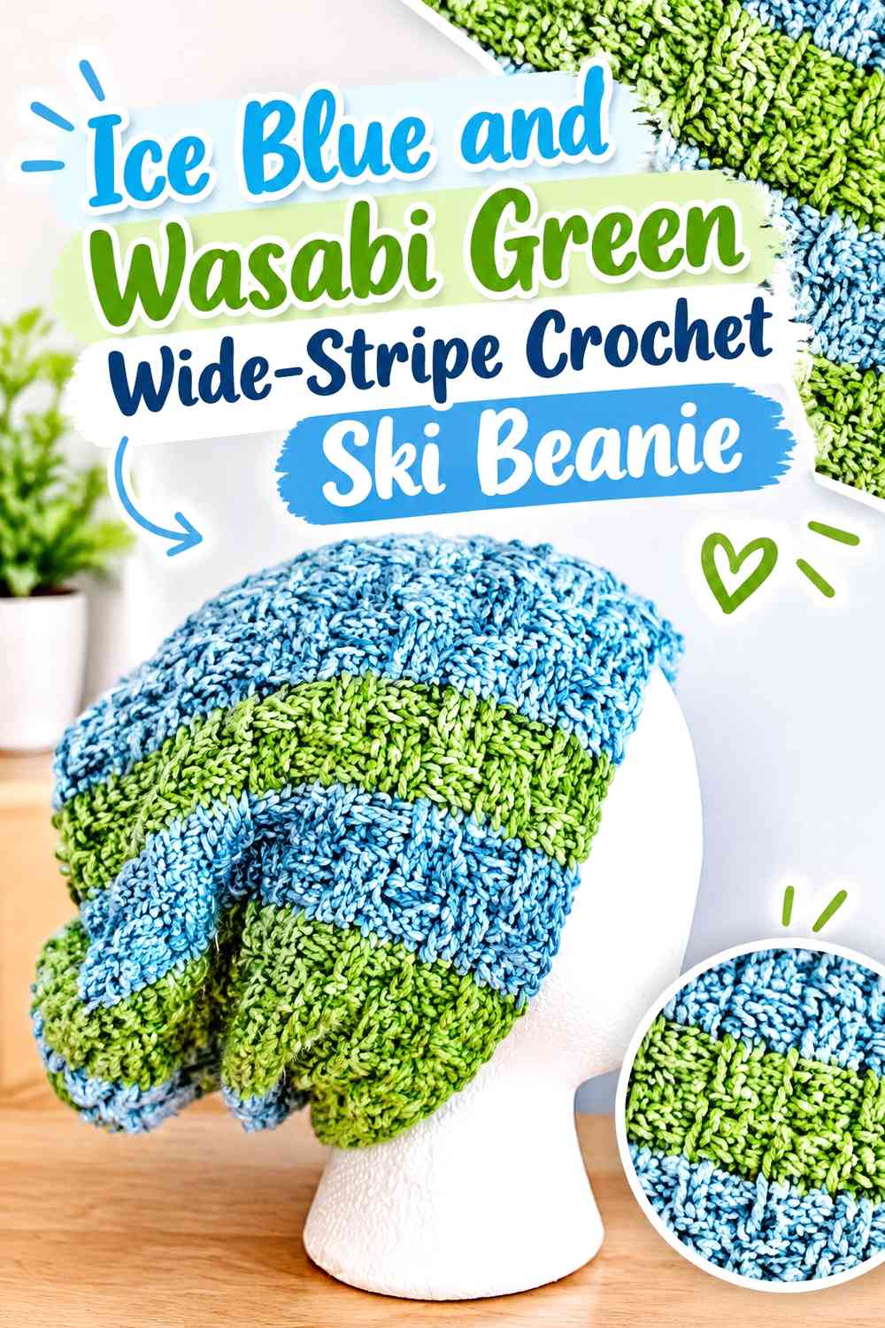 Ice Blue and Wasabi Green Wide-Stripe Crochet Ski Beanie