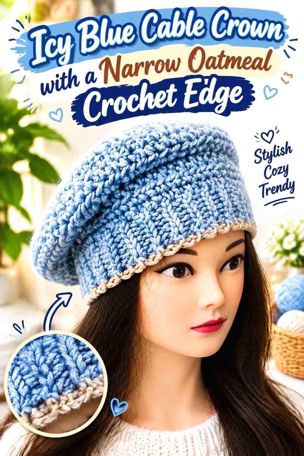 Icy Blue Cable Crown with a Narrow Oatmeal Crochet Edge