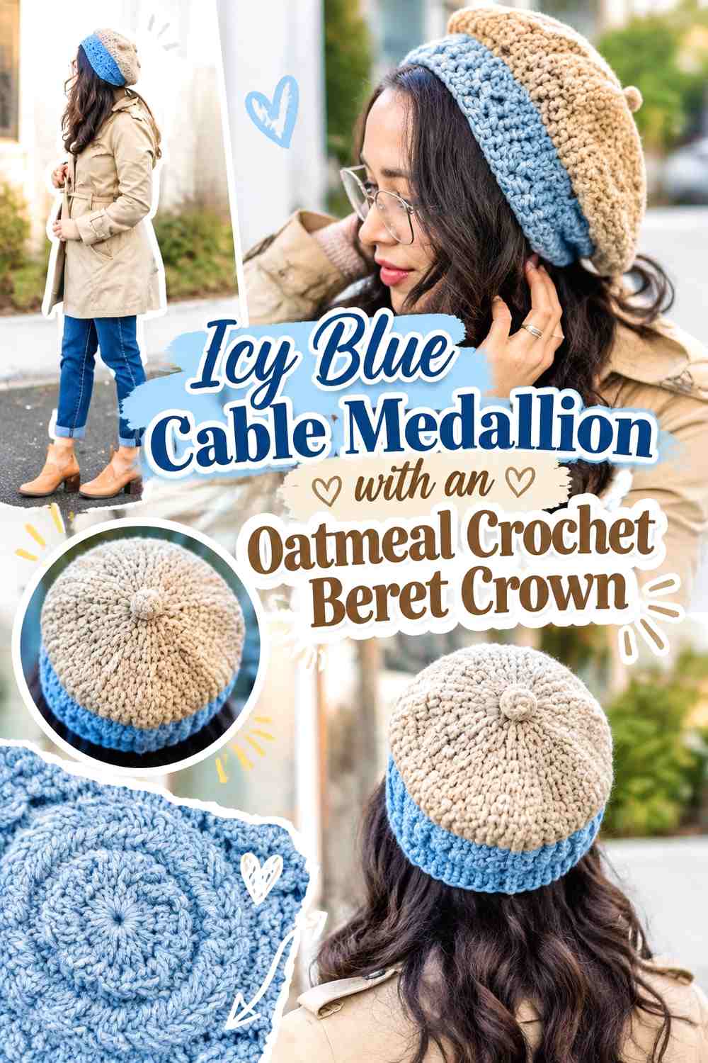 Icy Blue Cable Medallion with an Oatmeal Crochet Beret Crown