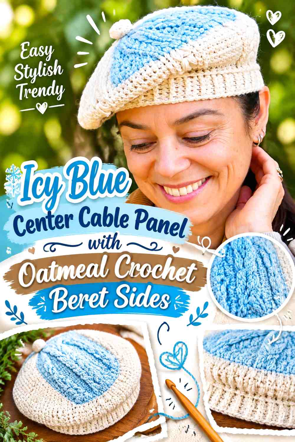 Icy Blue Center Cable Panel with Oatmeal Crochet Beret Sides