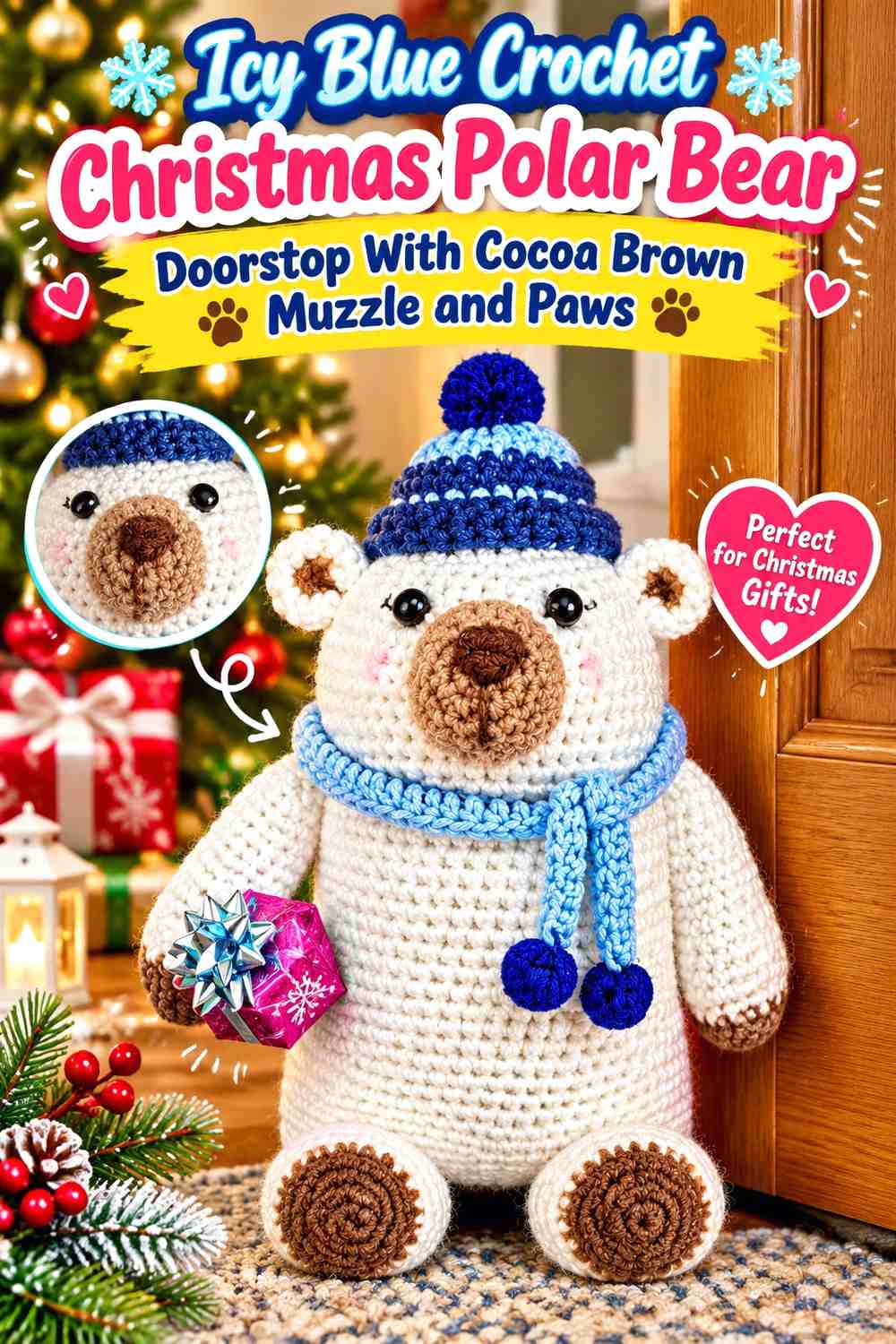 Icy Blue Crochet Christmas Polar Bear Doorstop With Cocoa Brown Muzzle and Paws