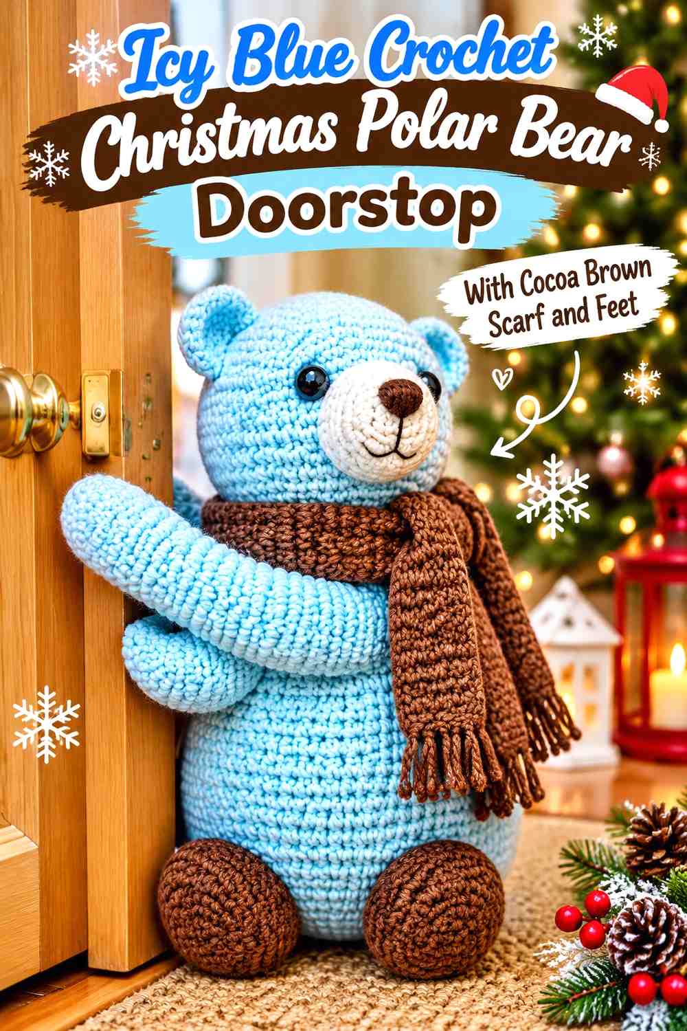 Icy Blue Crochet Christmas Polar Bear Doorstop With Cocoa Brown Scarf and Feet
