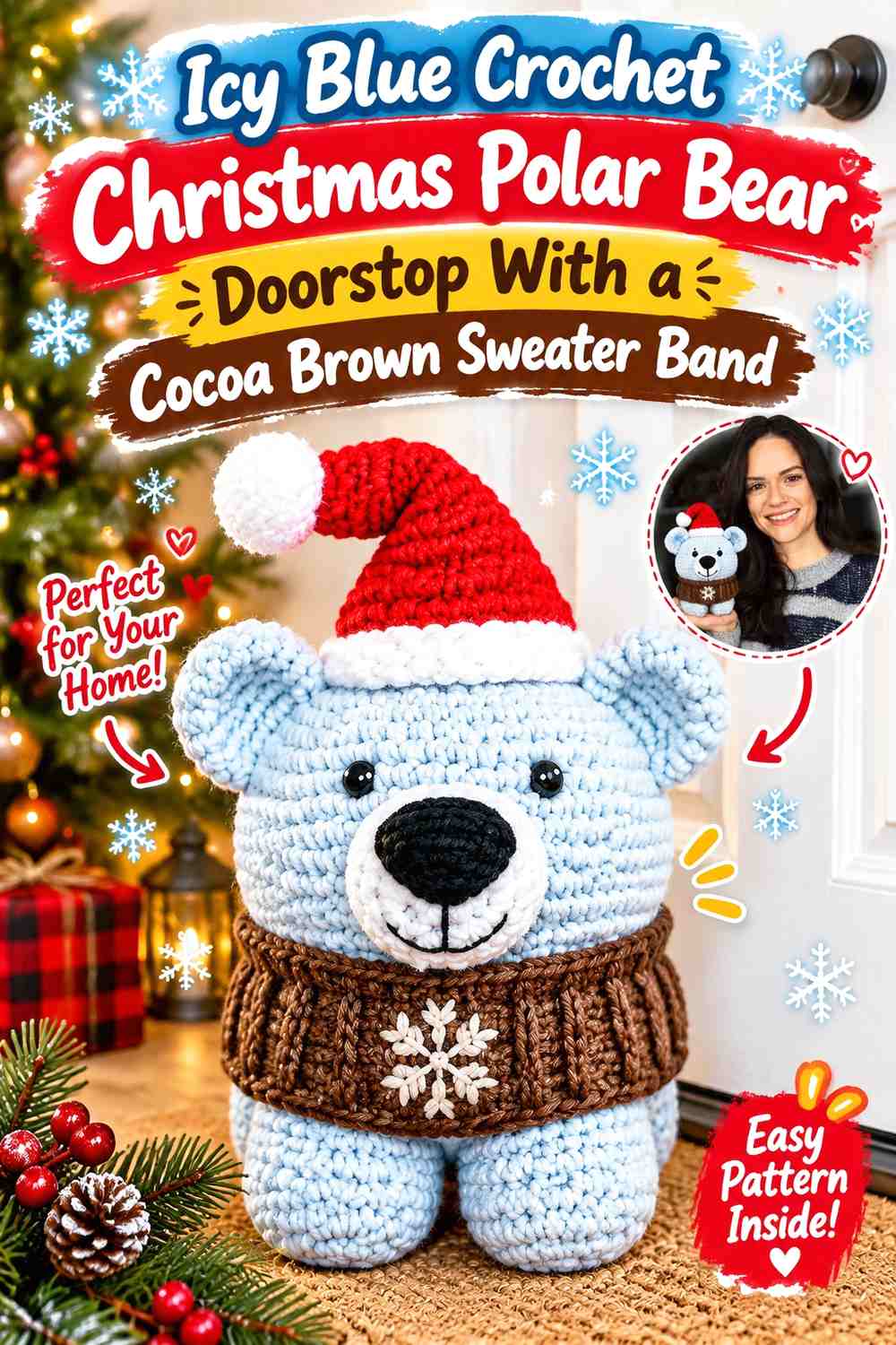 Icy Blue Crochet Christmas Polar Bear Doorstop With a Cocoa Brown Sweater Band