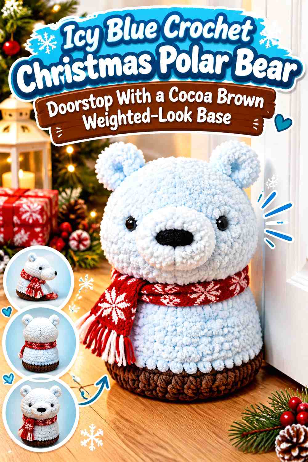 Icy Blue Crochet Christmas Polar Bear Doorstop With a Cocoa Brown Weighted-Look Base