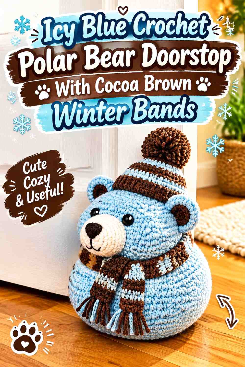 Icy Blue Crochet Polar Bear Doorstop With Cocoa Brown Winter Bands