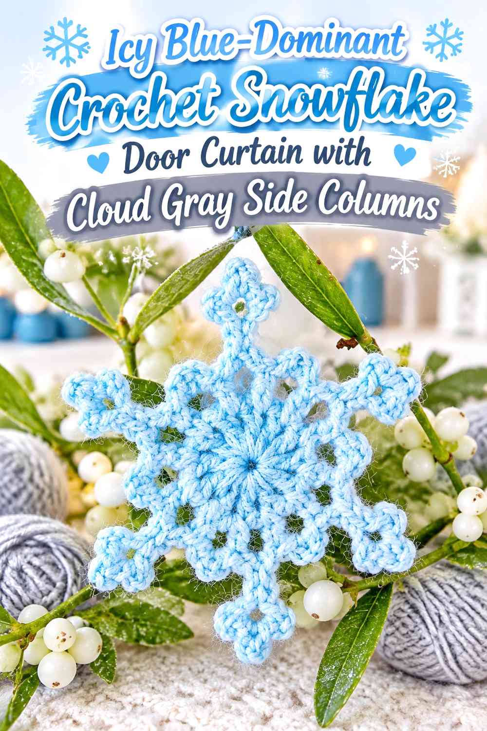 Icy Blue-Dominant Crochet Snowflake Door Curtain with Cloud Gray Side Columns