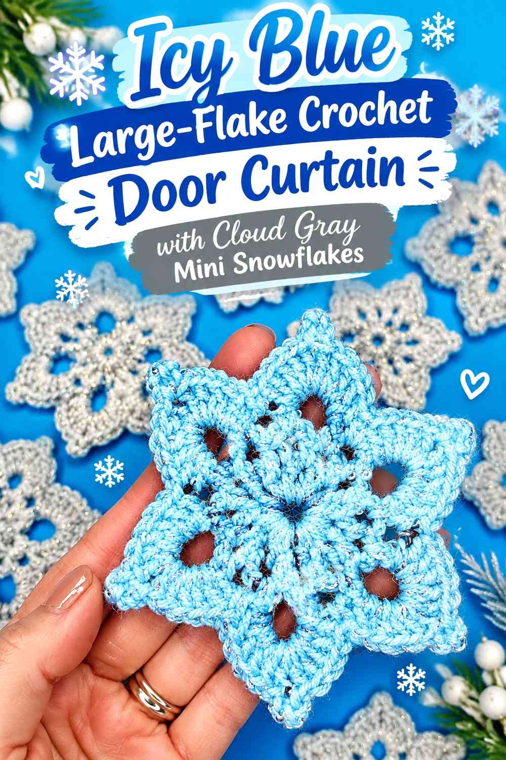 Icy Blue Large-Flake Crochet Door Curtain with Cloud Gray Mini Snowflakes