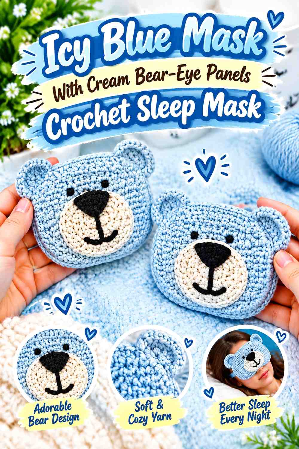 Icy Blue Mask With Cream Bear-Eye Panels Crochet Sleep Mask