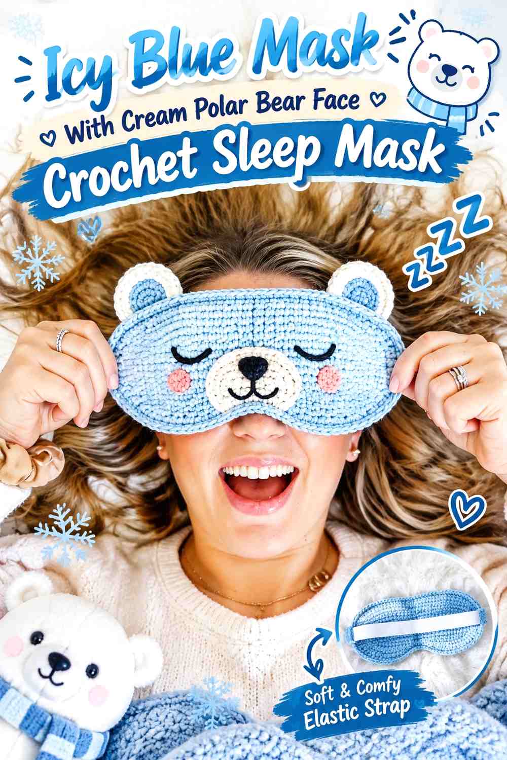 Icy Blue Mask With Cream Polar Bear Face Crochet Sleep Mask