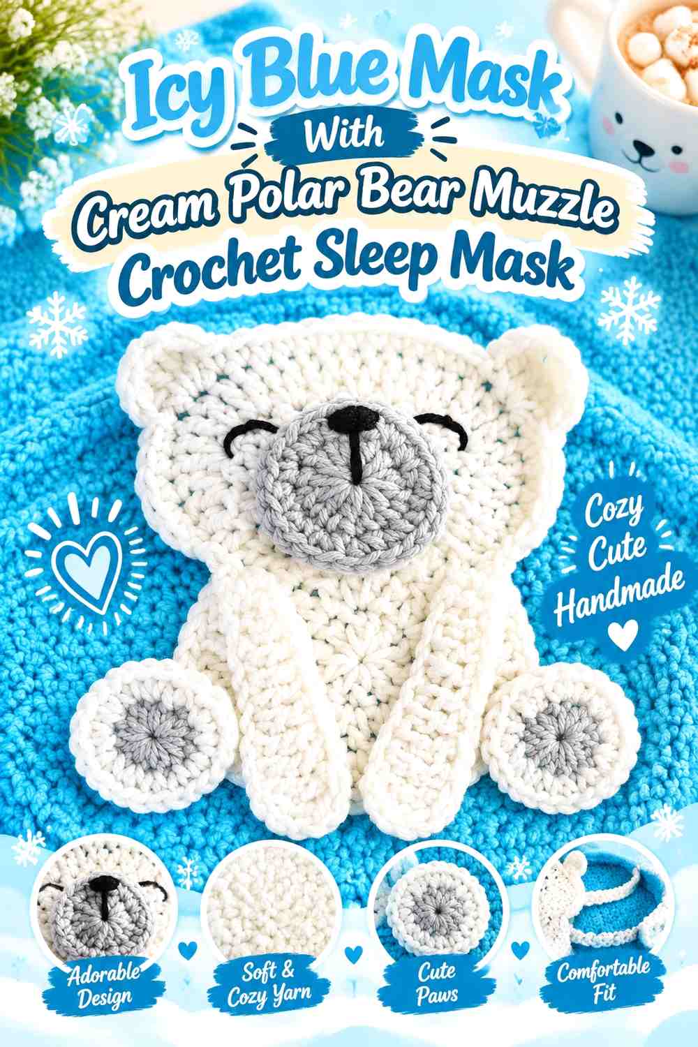 Icy Blue Mask With Cream Polar Bear Muzzle Crochet Sleep Mask