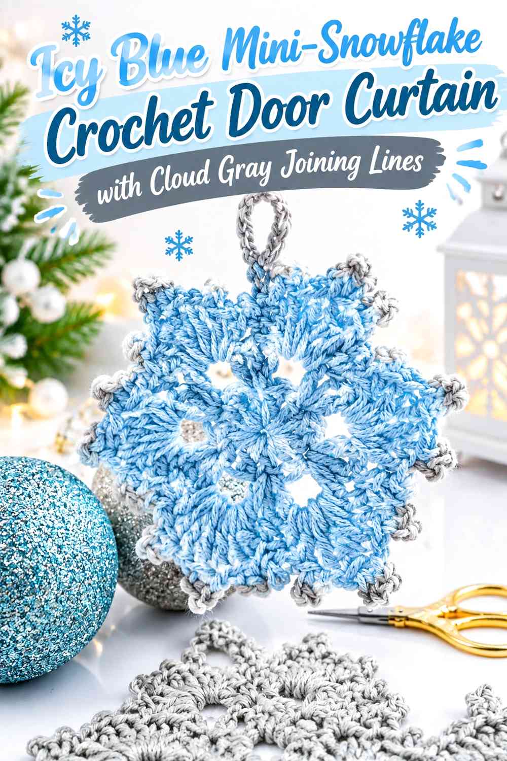 Icy Blue Mini-Snowflake Crochet Door Curtain with Cloud Gray Joining Lines