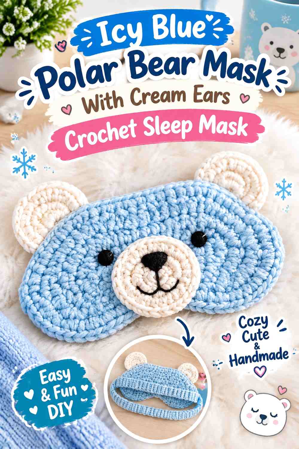 Icy Blue Polar Bear Mask With Cream Ears Crochet Sleep Mask