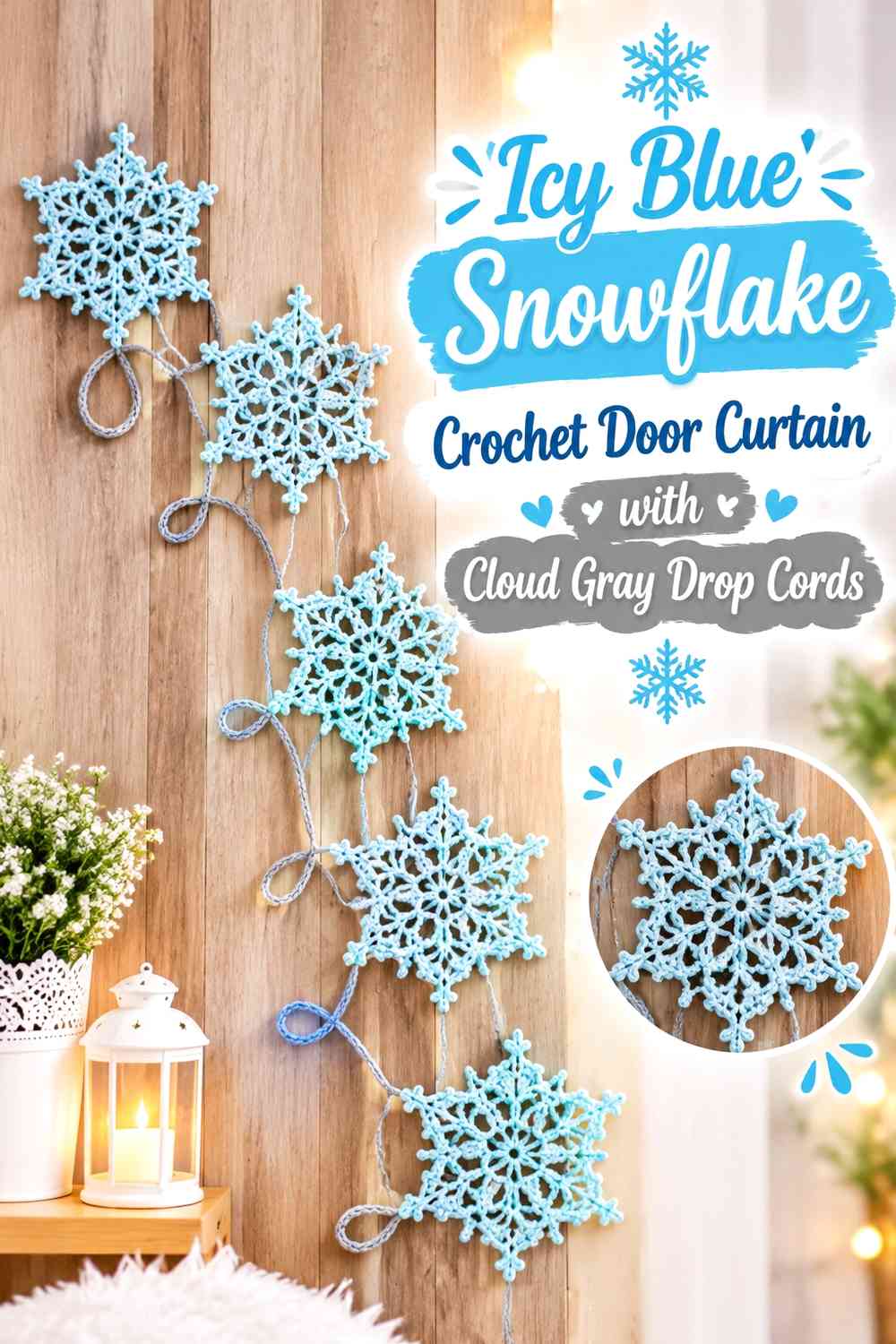 Icy Blue Snowflake Crochet Door Curtain with Cloud Gray Drop Cords