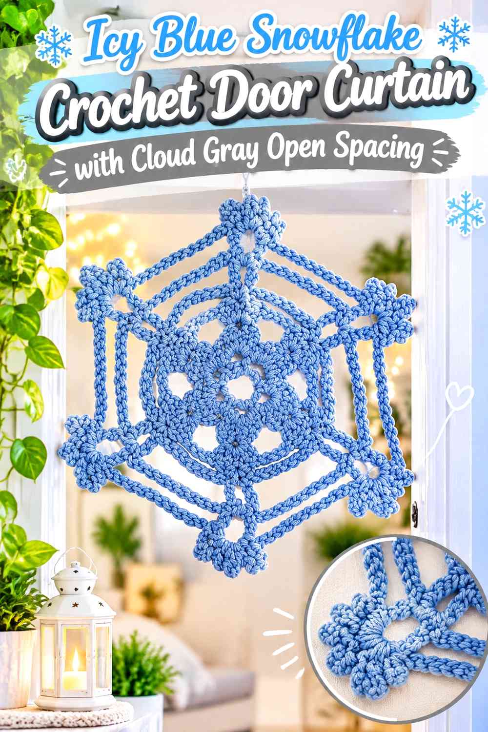 Icy Blue Snowflake Crochet Door Curtain with Cloud Gray Open Spacing