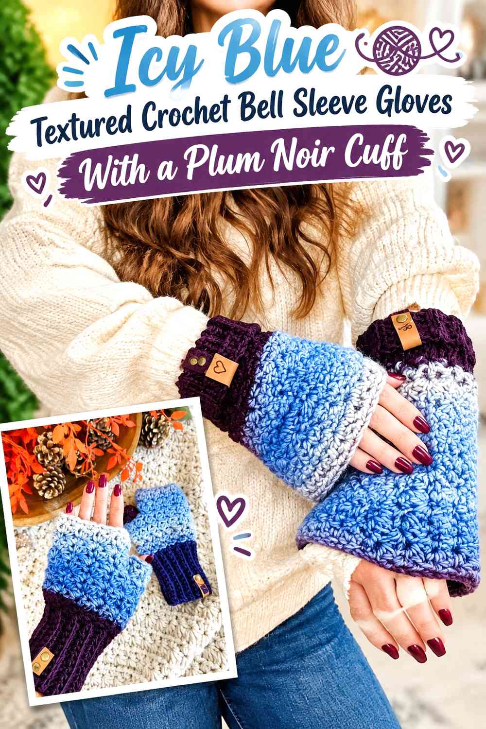 Icy Blue Textured Crochet Bell Sleeve Gloves With a Plum Noir Cuff
