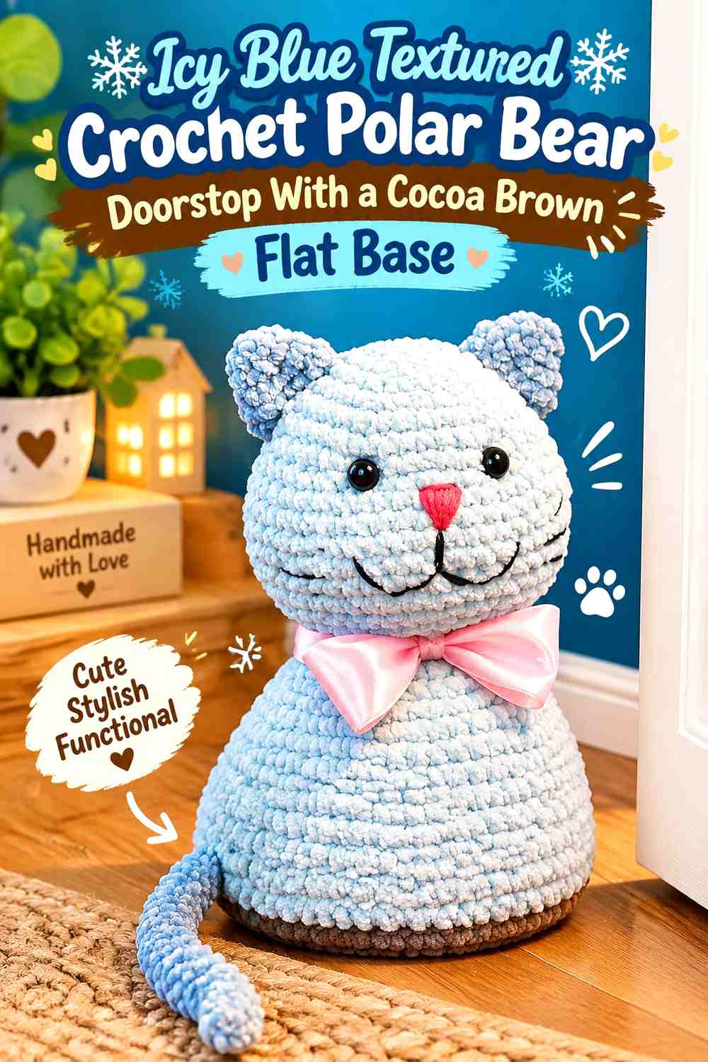 Icy Blue Textured Crochet Polar Bear Doorstop With a Cocoa Brown Flat Base