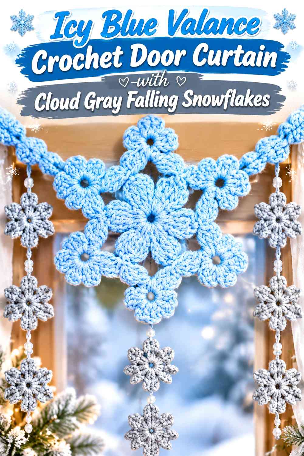 Icy Blue Valance Crochet Door Curtain with Cloud Gray Falling Snowflakes