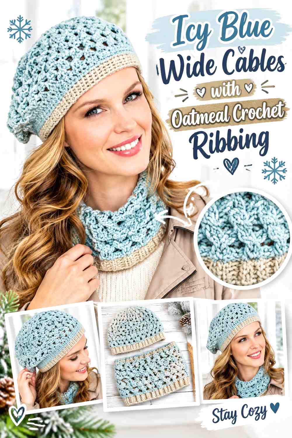 Icy Blue Wide Cables with Oatmeal Crochet Ribbing