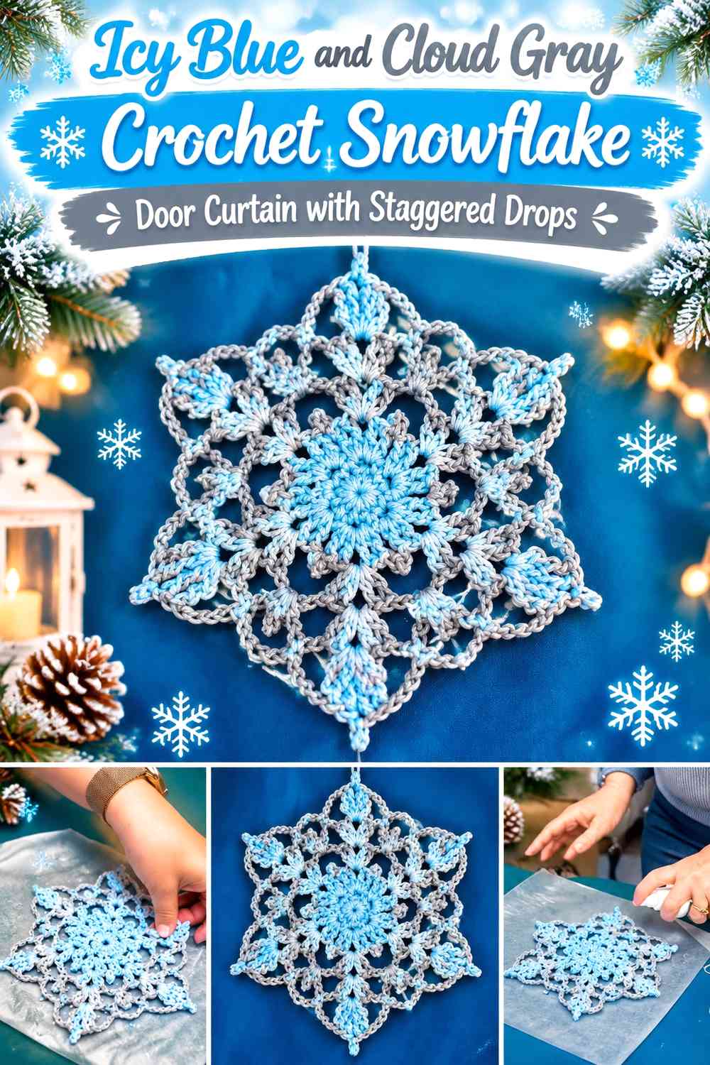 Icy Blue and Cloud Gray Crochet Snowflake Door Curtain with Staggered Drops