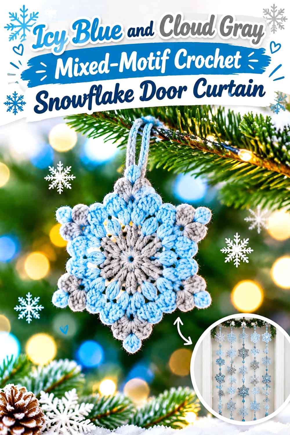 Icy Blue and Cloud Gray Mixed-Motif Crochet Snowflake Door Curtain