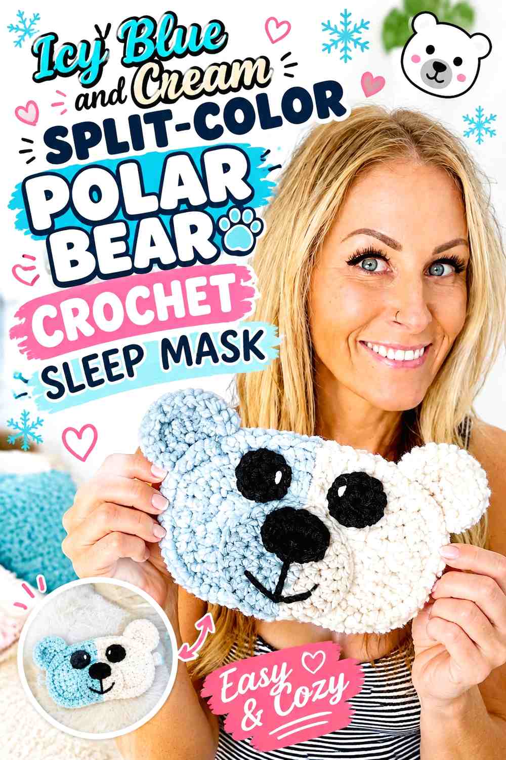 Icy Blue and Cream Split-Color Polar Bear Crochet Sleep Mask