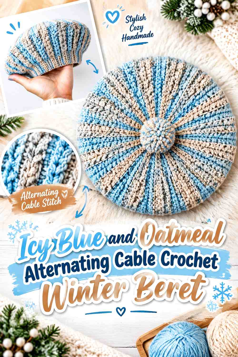 Icy Blue and Oatmeal Alternating Cable Crochet Winter Beret