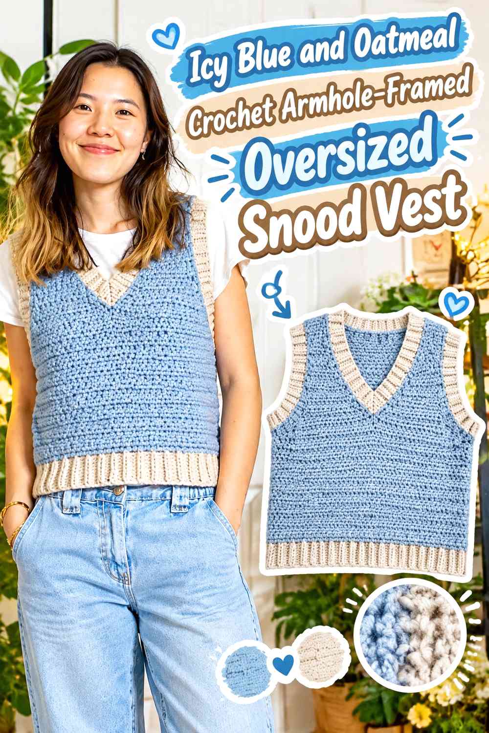 Icy Blue and Oatmeal Crochet Armhole-Framed Oversized Snood Vest