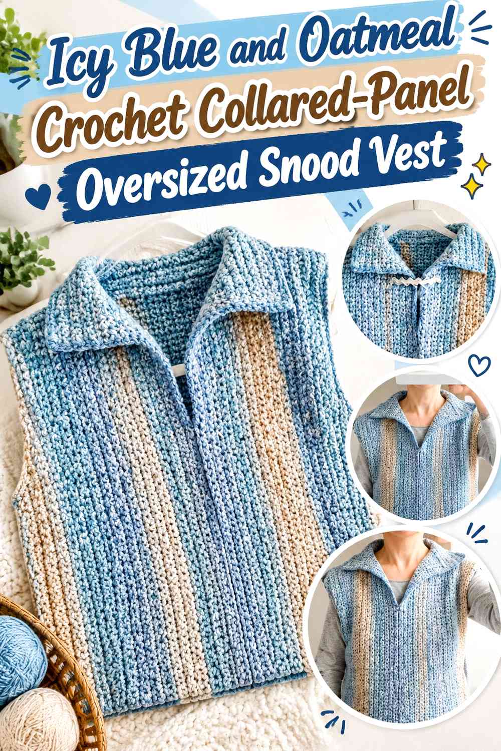 Icy Blue and Oatmeal Crochet Collared-Panel Oversized Snood Vest