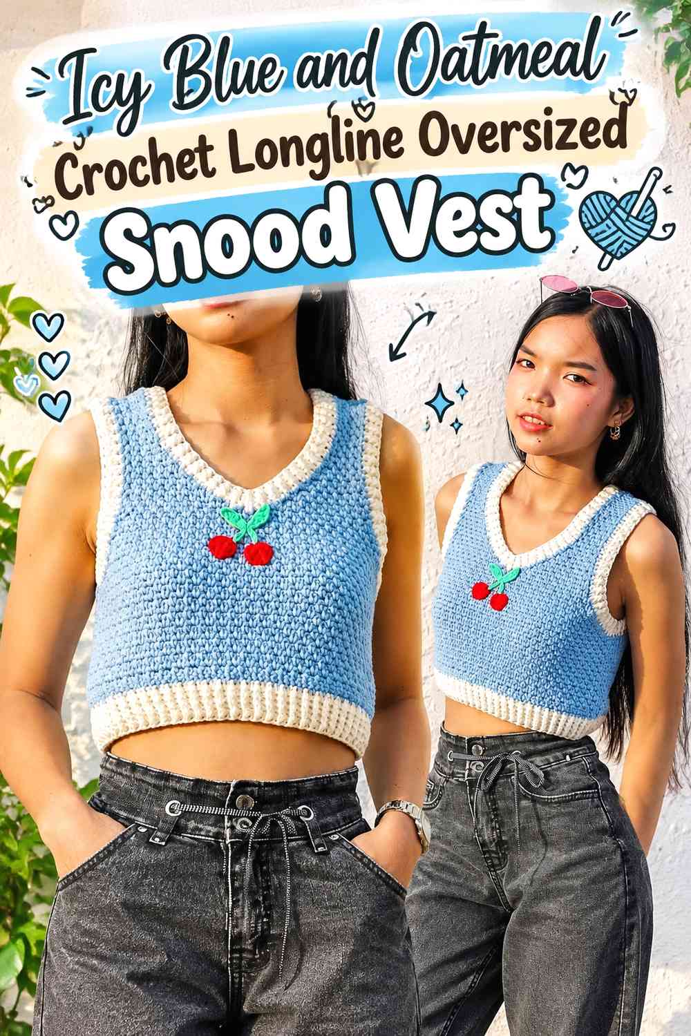 Icy Blue and Oatmeal Crochet Longline Oversized Snood Vest