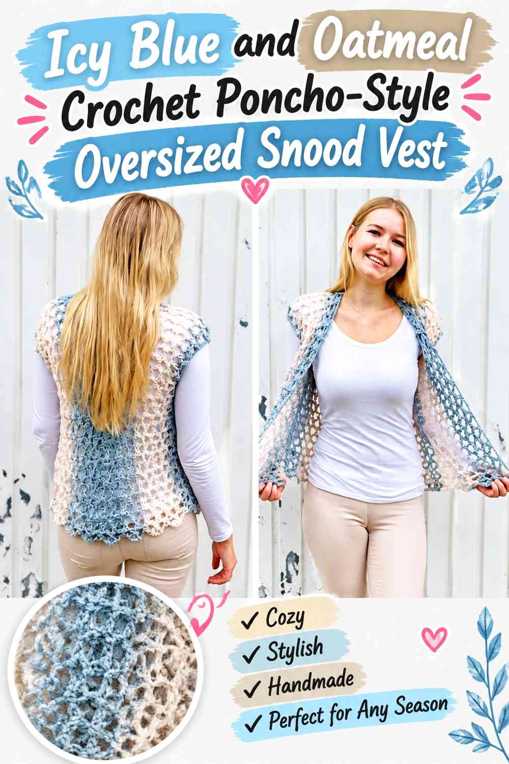 Icy Blue and Oatmeal Crochet Poncho-Style Oversized Snood Vest