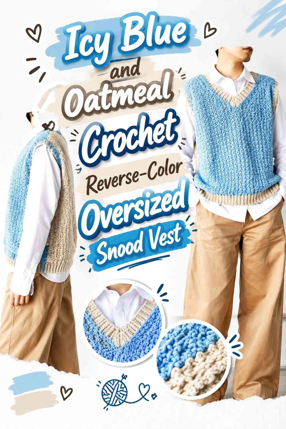 Icy Blue and Oatmeal Crochet Reverse-Color Oversized Snood Vest