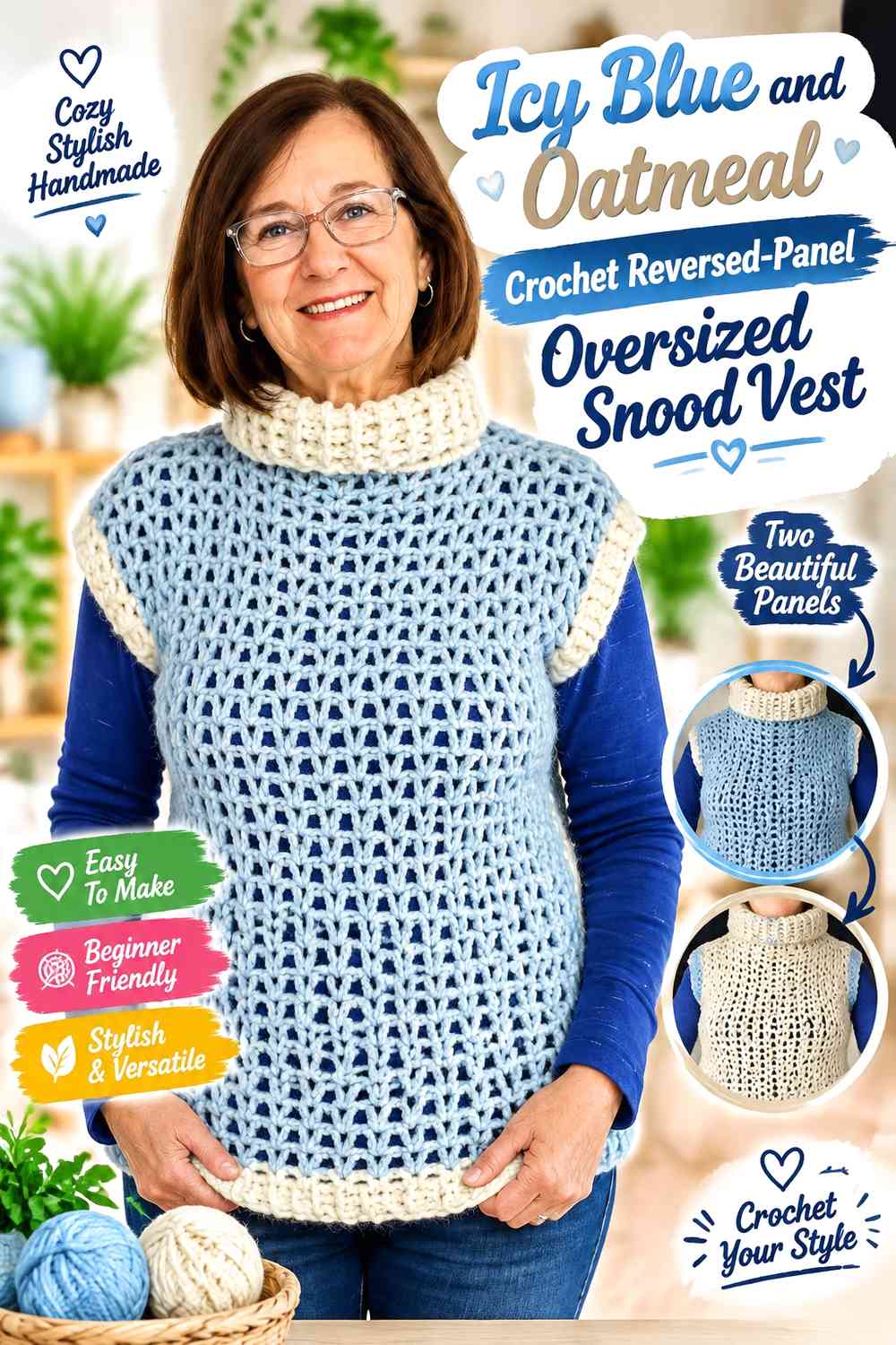Icy Blue and Oatmeal Crochet Reversed-Panel Oversized Snood Vest
