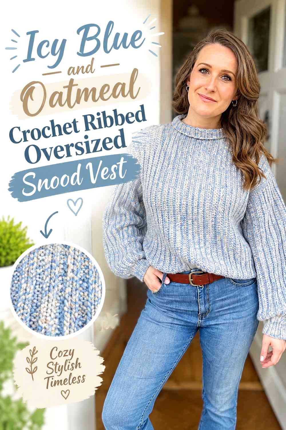 Icy Blue and Oatmeal Crochet Ribbed Oversized Snood Vest