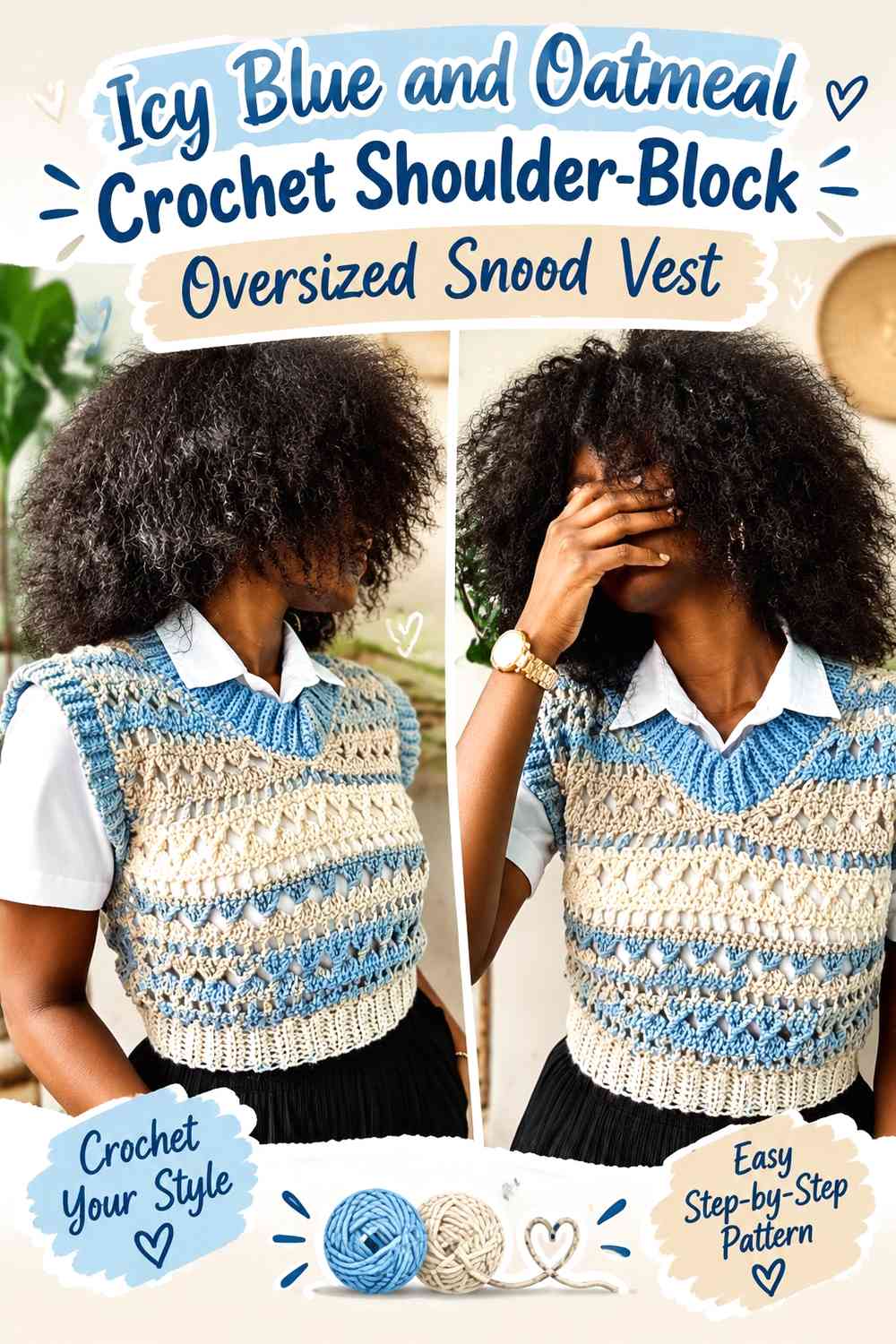 Icy Blue and Oatmeal Crochet Shoulder-Block Oversized Snood Vest
