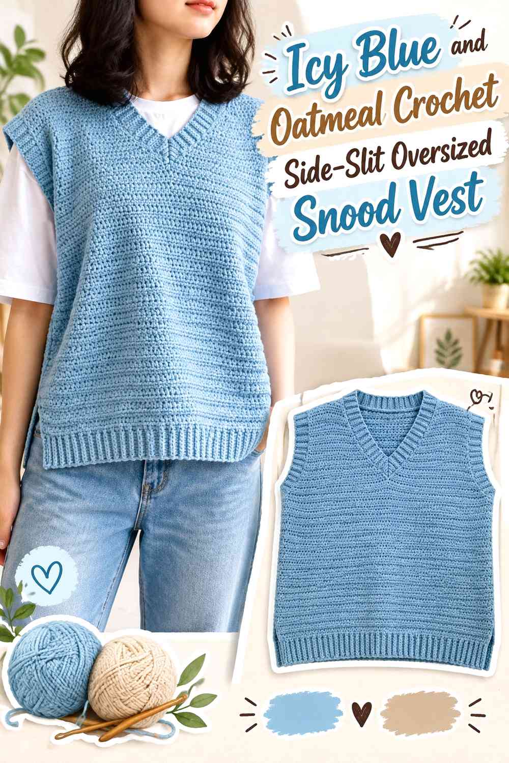 Icy Blue and Oatmeal Crochet Side-Slit Oversized Snood Vest
