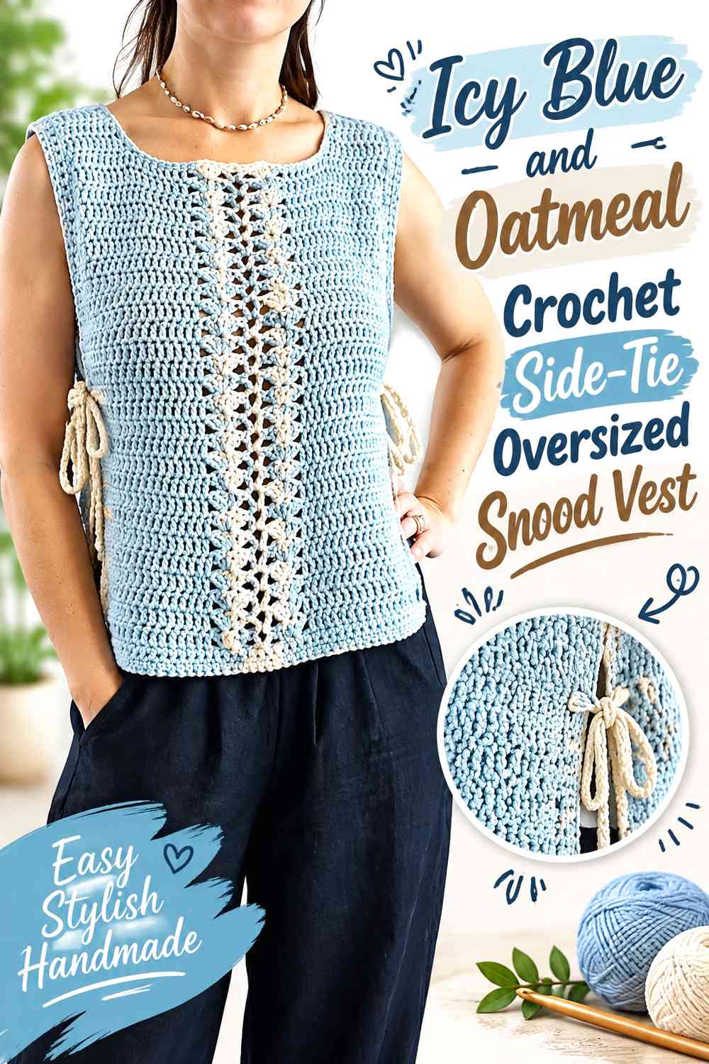 Icy Blue and Oatmeal Crochet Side-Tie Oversized Snood Vest