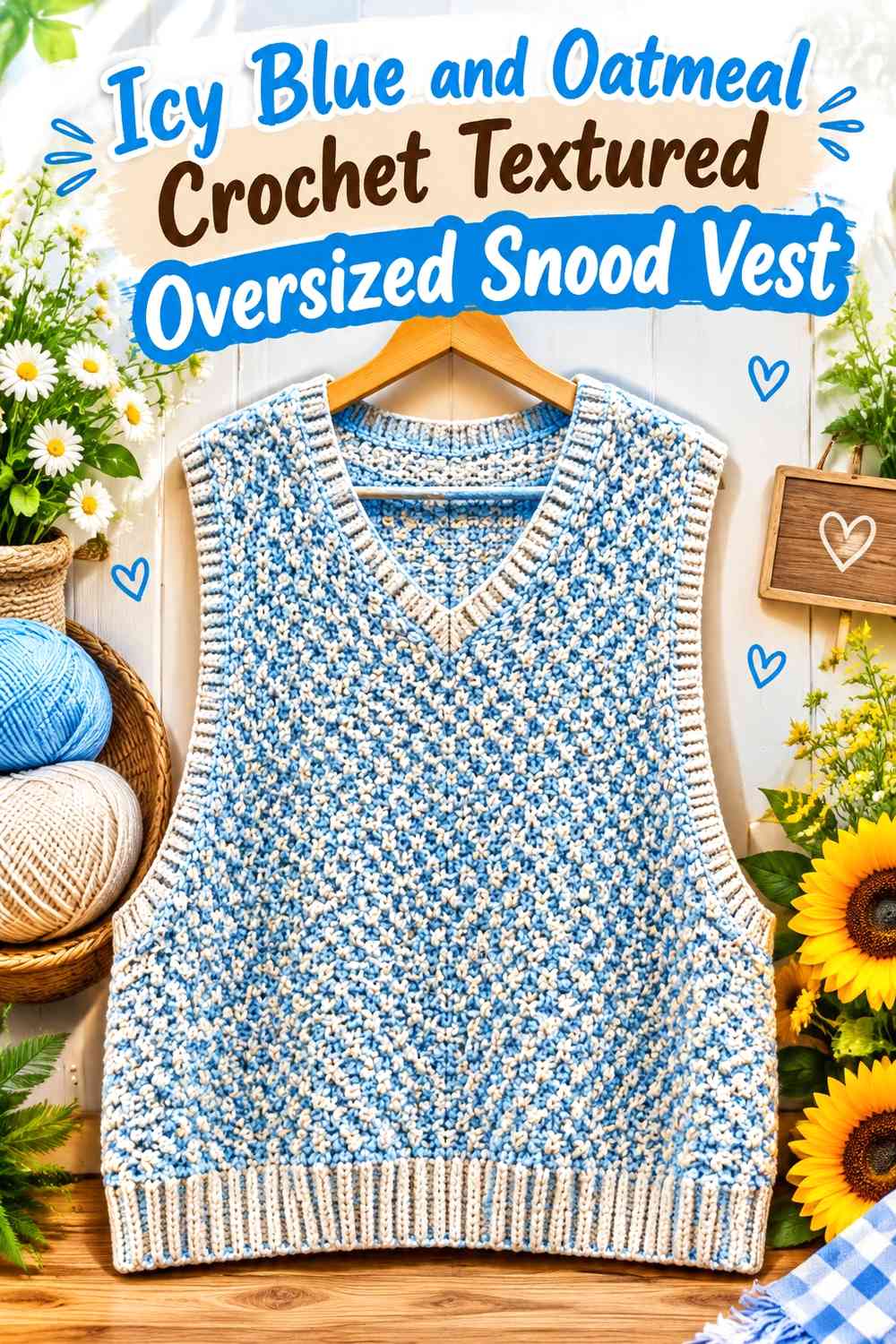 Icy Blue and Oatmeal Crochet Textured Oversized Snood Vest