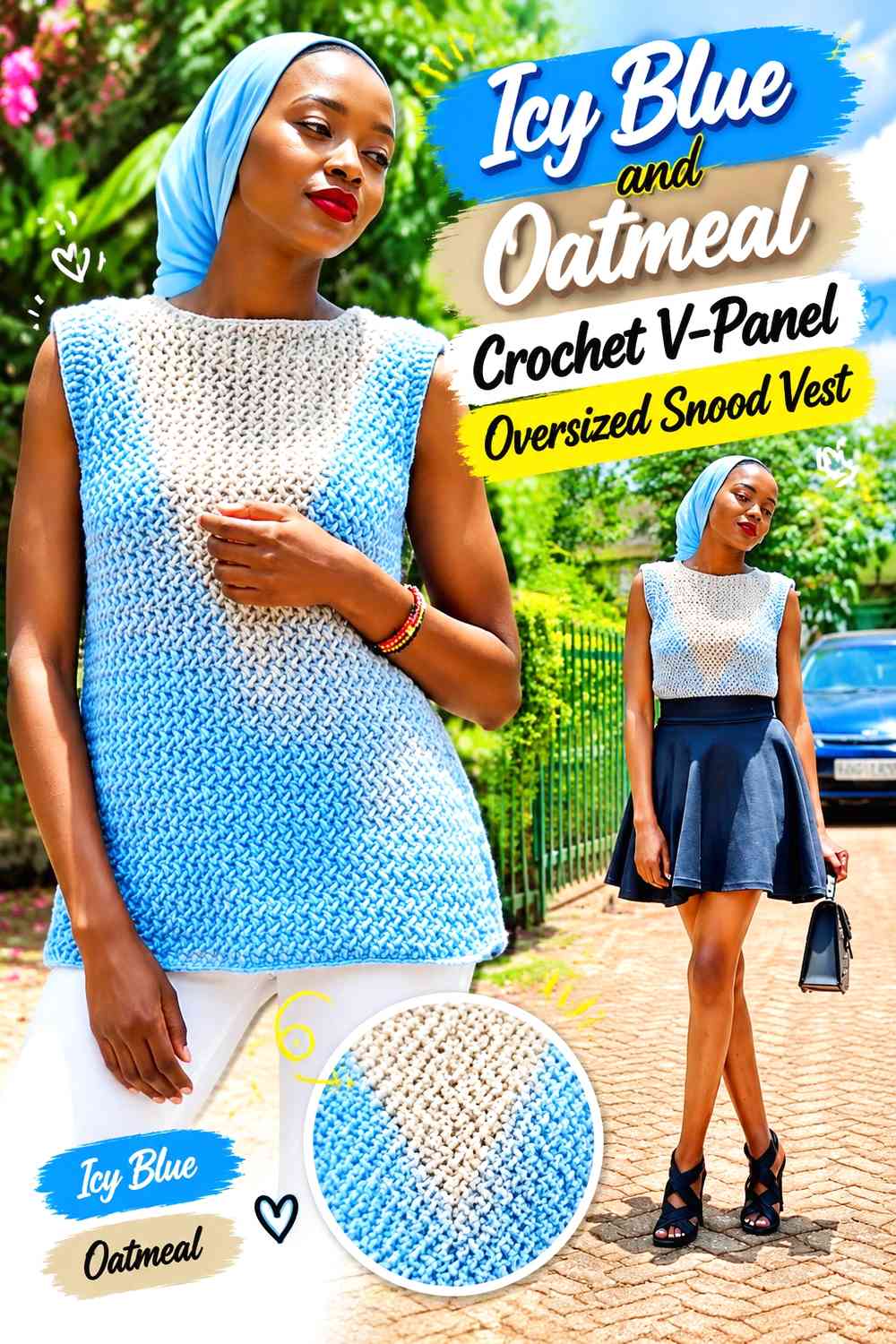 Icy Blue and Oatmeal Crochet V-Panel Oversized Snood Vest