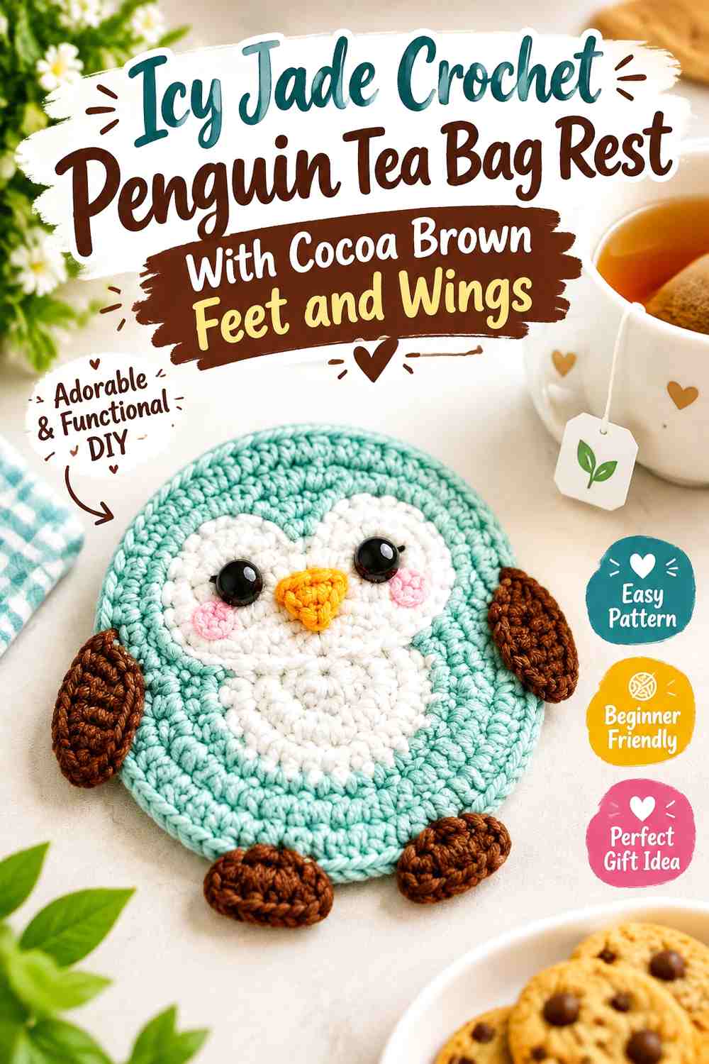 Icy Jade Crochet Penguin Tea Bag Rest With Cocoa Brown Feet and Wings