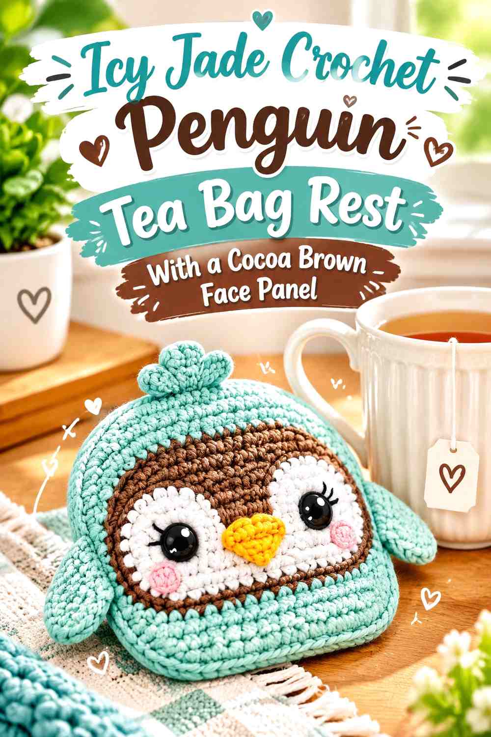 Icy Jade Crochet Penguin Tea Bag Rest With a Cocoa Brown Face Panel