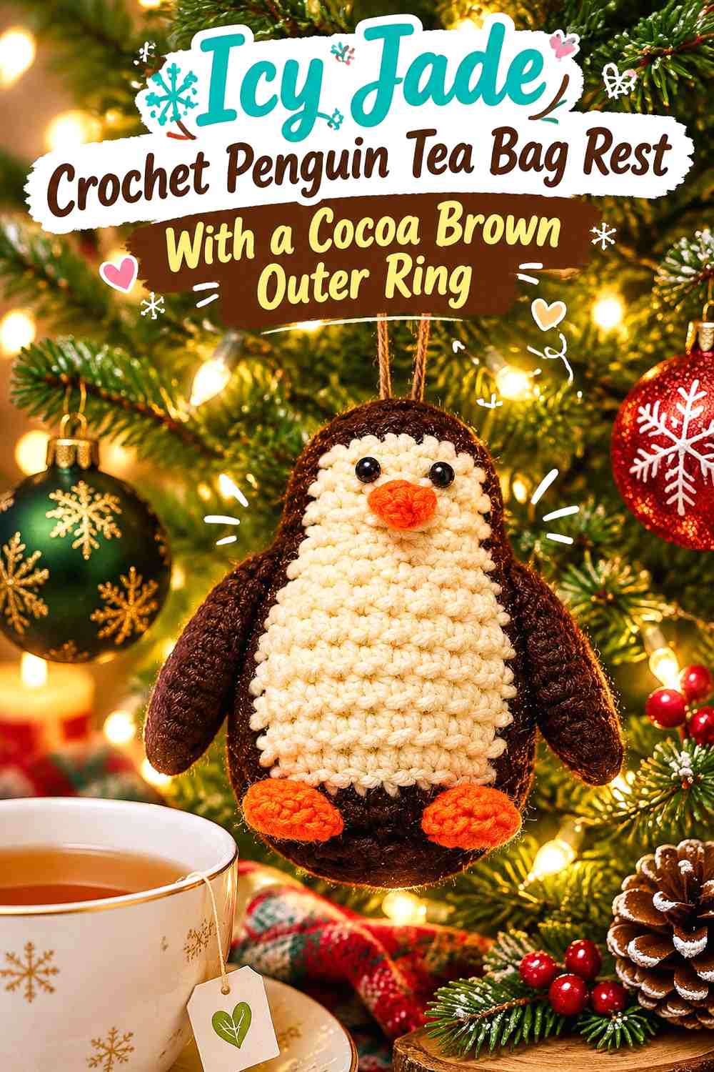 Icy Jade Crochet Penguin Tea Bag Rest With a Cocoa Brown Outer Ring
