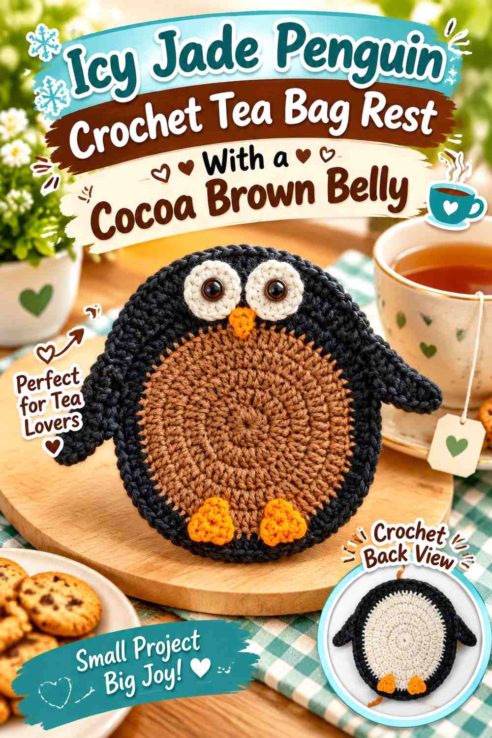Icy Jade Penguin Crochet Tea Bag Rest With a Cocoa Brown Belly